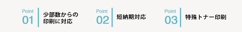 1.少部数からの印刷に対応。2.短納期対応。3.特殊トナー印刷