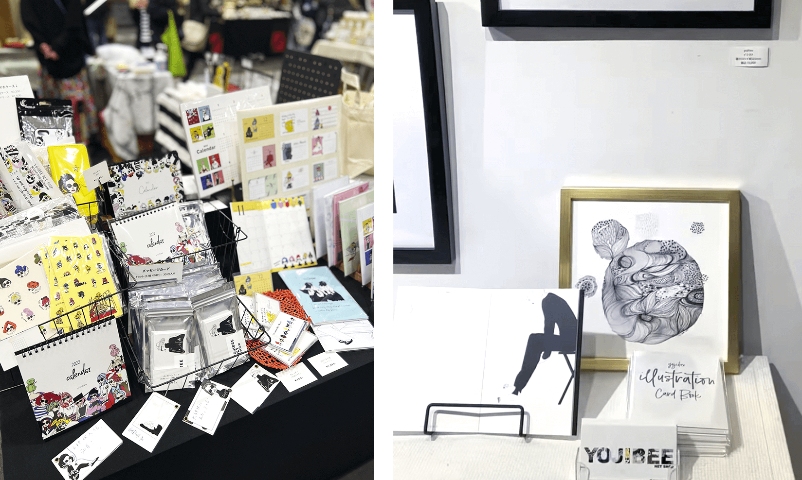 イベントでのグッズ販売の様子(左)、原画や「タバネッタ!」を展示した個展(右)
