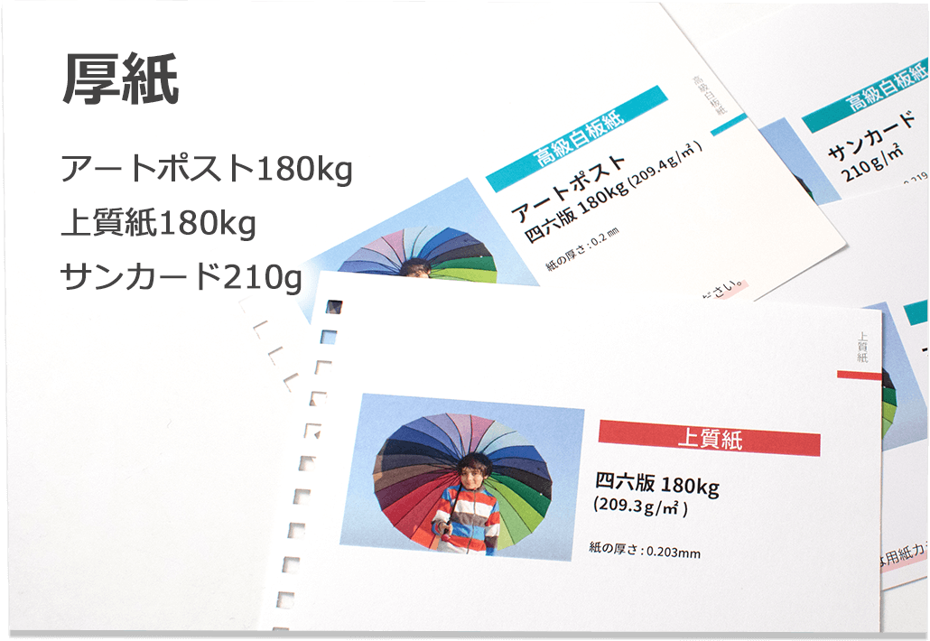 厚紙(マットポスト180kg、アートポスト180kg、上質紙180kg、サンカード210g)