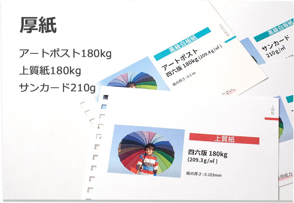 厚紙（マットポスト180kg、アートポスト180kg、上質紙180kg、サンカード210g）