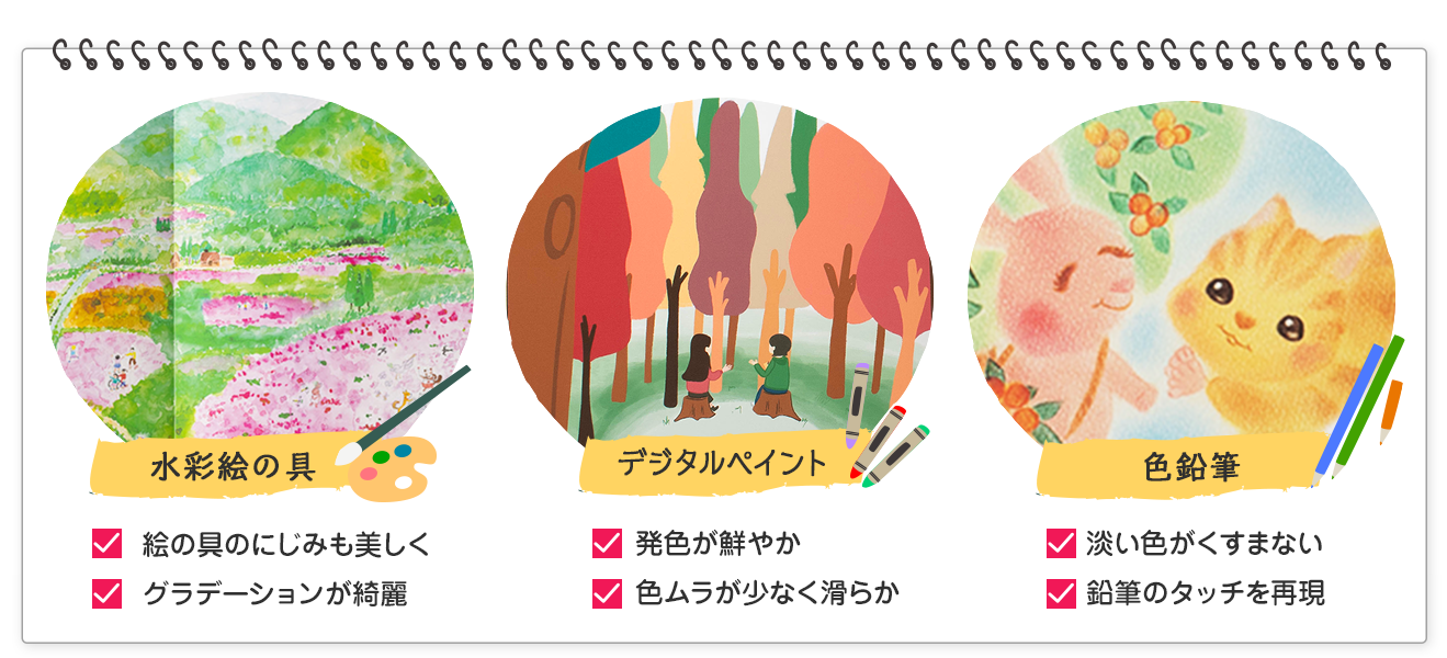 水彩絵の具とデジタルペイント、色鉛筆作品の絵本印刷時の発色