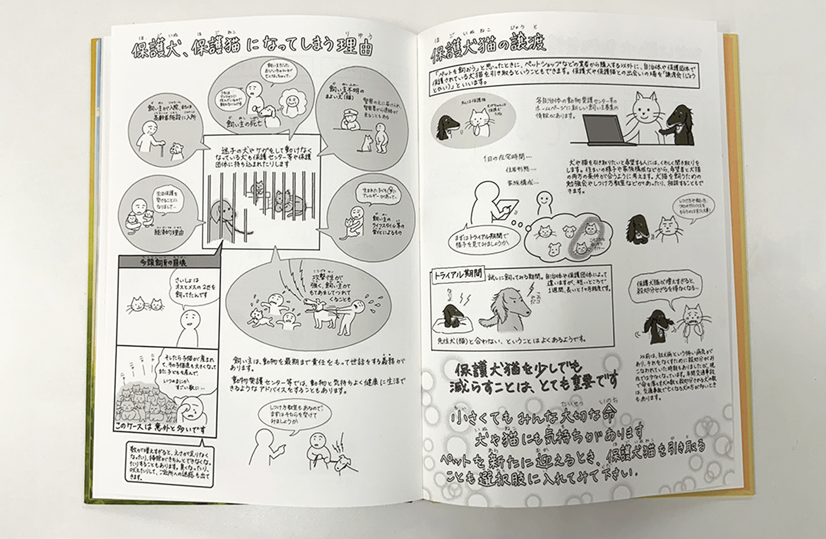 絵本の後半ではまんがで説明するパートを作り、二部構成に