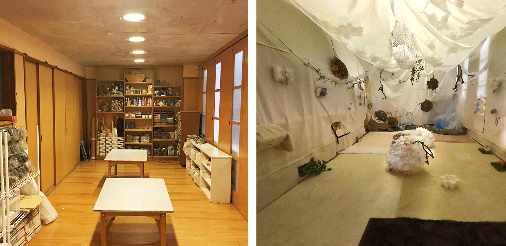 コロナ禍以前に開催していたワークショップ「ふわふわルーム」の元の部屋（左）と改装後（右）